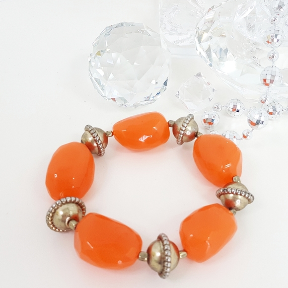 Vintage Elastic Orange-Gold Large Beaded Bracelet - Picture 2 of 6